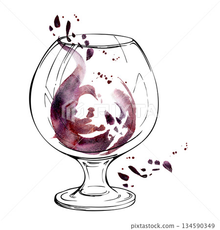 Red wine, sangria or berry grape fruit juice swirl splashing in balloon glass with splatter drops. Hand-drawn ink and watercolor isolated illustration. Summer menus, digital wallpapers, cafe branding. Red wine, sangria or berry grape fruit juice swirl splashing in balloon glass with splatter drops. Hand-drawn ink and watercolor isolated illustration. Summer menus, digital wallpapers, cafe branding. 134590349