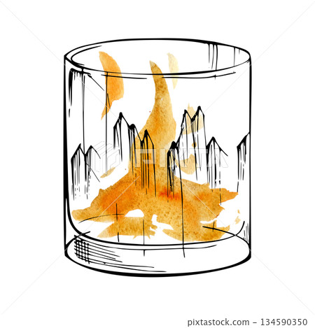 Orange juice, tea or amber cocktail like aperol spritz, old-fashioned, negroni in rocks tumbler crystal glass. Hand-drawn watercolor and ink illustration for bar menu, recipe cards, product labels. 134590350