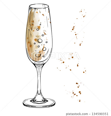 Brut champagne, white wine or fizzy soda drink with bubbles in flute glass, watercolor tones and fine ink lines. Hand drawn for bar menu prints, travel and lifestyle blogs, exotic decor visuals. 134590351