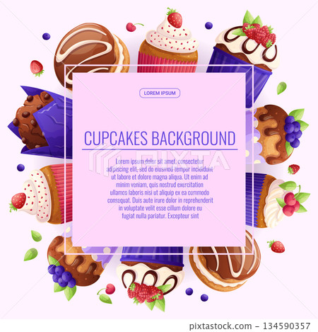 Colorful background with delicious cupcakes and muffins. The concept of confectionery, baking, cooking. Vector illustration for the design of posters, flyers, postcards and invitations 134590357