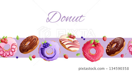 Seamless border with delicious donuts. The concept of confectionery, baking, cooking. Vector illustration for the design of posters, postcards, banners 134590358