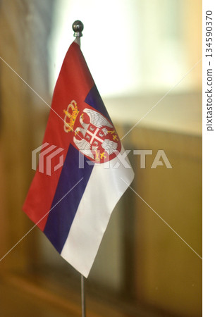 Small Serbian Flag on Indoor Stand Small Serbian Flag on Indoor Stand 134590370