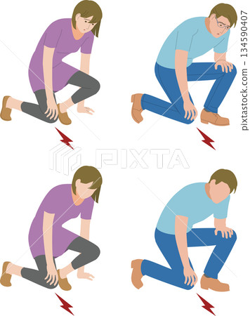 Illustration of a middle-aged man and woman whose knees hurt when standing up 134590407