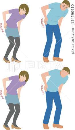 Illustration of a middle-aged man and woman suffering from numbness in the lower back and legs Illustration of a middle-aged man and woman suffering from numbness in the lower back and legs 134590410