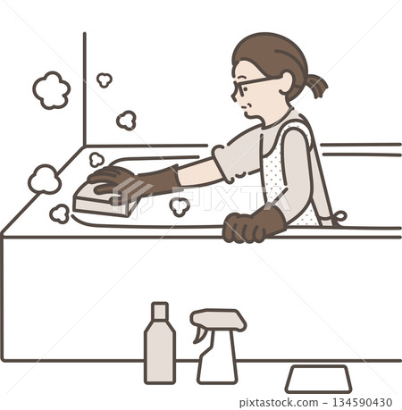 Illustration of a woman in her 40s cleaning the bath Illustration of a woman in her 40s cleaning the bath 134590430