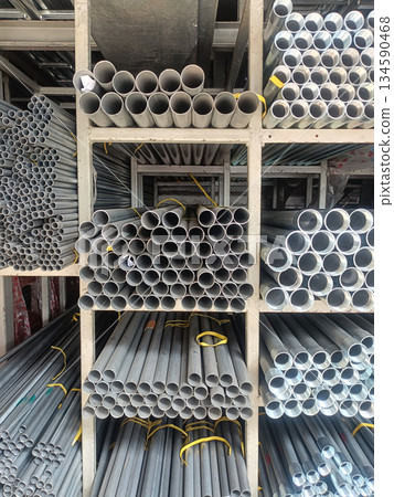 Metal pipe steel tube industrial storage construction material warehouse stack silver hardware 134590468