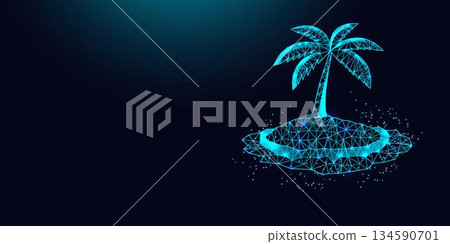 Low poly wireframe palm tree on island on dark blue background. Low poly wireframe palm tree on island on dark blue background. 134590701