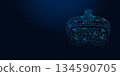 Low poly wireframe virtual reality headset on dark blue background. 134590705