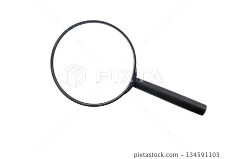 Black plastic magnifying glass isolated on white background Black plastic magnifying glass isolated on white background 134591103