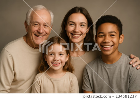 Diverse group of smiling people stands in neutral studio with soft light and clean backdrop conveying unity inclusion and friendly openness 134591237