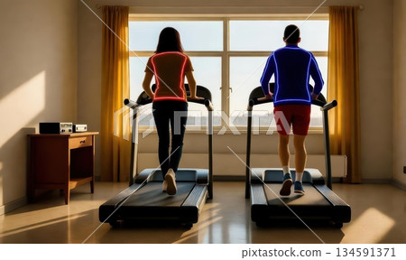 Retro Gym Scene with Friends Exercising on Treadmills Surrounded by Neon Details Warm Lighting and Cheerful Atmosphere 134591371
