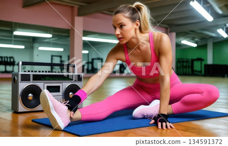 Woman Stretching in Neon Gym Outfit Beside Boombox in Bright Fluorescent Room with Mirrors and Shining Wooden Floor 134591372