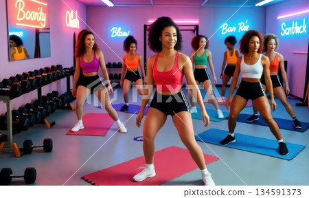 Energetic Retro Gym Scene with Bright Neon Glow and People Working Out in Colorful Vintage Sportswear Reflecting in Wall Mirrors 134591373