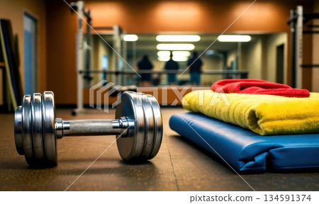 Authentic Details of Vintage Gym Equipment Under Warm Light Featuring Dumbbells Mats and Towels Creating True Retro Fitness Atmosphere 134591374
