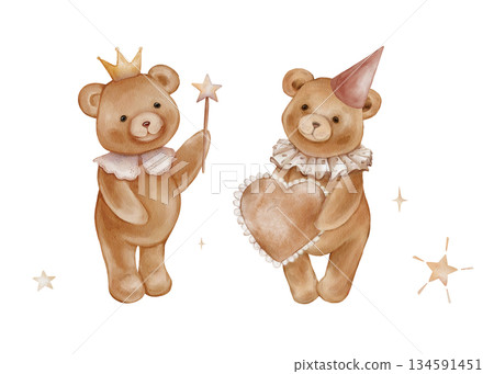 Horizontal composition two Cute Teddy Bears in festive cap and crown Holding beige Heart and stars. Hand drawn watercolor illustration for Baby shower invitations or nursery wall art. Drawing for card 134591451