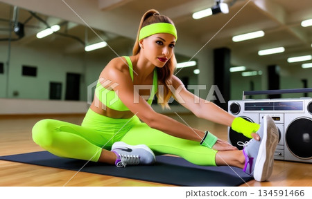Neon Clad Woman Stretching on Mat in Bright Retro Gym Surrounded by Mirrors Wooden Floor and Vibrant Lights 134591466