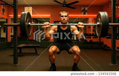 Focused Weightlifter Training in Retro Gym with Posters and Warm Lighting Creating Intense Old-School Strength and Determination Atmosphere 134591508