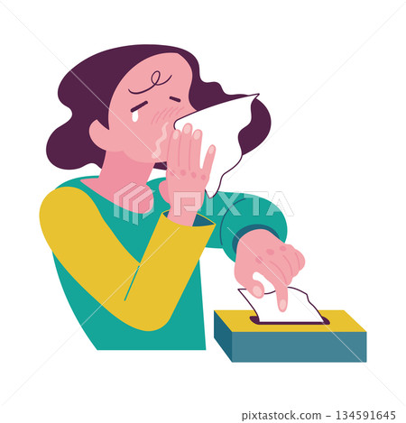 Illustration of a person with a runny nose, rhinitis, hay fever, cold 134591645