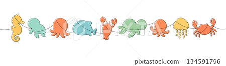 Pastel ocean animals. Seahorse, octopus, fish, crab, jellyfish and turtle, cute minimalist outline silhouettes Pastel ocean animals. Seahorse, octopus, fish, crab, jellyfish and turtle, cute minimalist outline silhouettes 134591796