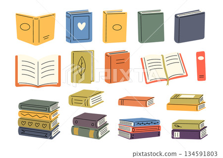 Colorful books in flat hand-drawn style. Variety of reading and literature themes Colorful books in flat hand-drawn style. Variety of reading and literature themes 134591803