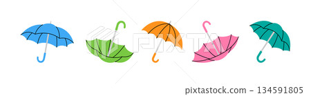 Bright vector illustration of open and reversed umbrellas in colorful minimalist style for rain and weather themes Bright vector illustration of open and reversed umbrellas in colorful minimalist style for rain and weather themes 134591805