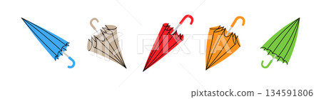 Set of closed umbrellas in bright colors, minimalist vector icons for rain, travel, and weather protection themes 134591806