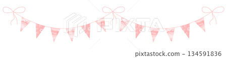 Pink triangular flag garland with soft texture and pastel color hanging as festive party decoration for kids birthday baby shower celebration isolated on white background cartoon style Pink triangular flag garland with soft texture and pastel color hanging as festive party decoration for kids birthday baby shower celebration isolated on white background cartoon style 134591836