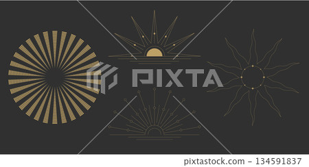 Sun line boho sunrise gold logo icon art moon sunburst form an abstract graphic. It moves with vintage or modern style. A bright zodiac element. 134591837