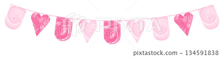 Delicate pink flag bunting garland with heart and triangle shapes hanging on string festive decoration for kids birthday party baby shower celebration invitation border isolated illustration Delicate pink flag bunting garland with heart and triangle shapes hanging on string festive decoration for kids birthday party baby shower celebration invitation border isolated illustration 134591838