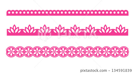 Lace scallop border edge frame pattern vector trim tape simple blends with soft curves. This punch paper look adds handmade warmth. A cute choice for textile themes. 134591839