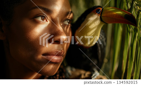 Belizean woman with toucan in tropical setting, sunlit face reflecting cultural connection and natural beauty Belizean woman with toucan in tropical setting, sunlit face reflecting cultural connection and natural beauty 134592015