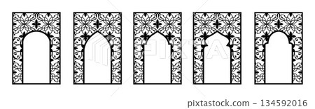 Five Islamic archways mihrabs. Islamic windows, mosque doors with traditional pattern. With floral arabesques, perfect for laser cutting, Al-Adha decoration, holiday frames, card or social media Five Islamic archways mihrabs. Islamic windows, mosque doors with traditional pattern. With floral arabesques, perfect for laser cutting, Al-Adha decoration, holiday frames, card or social media 134592016