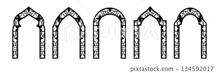 Arabian mosque window, arabic door with arabesque ornament. Old islamic frames, arches with geometric motif pattern. Muslim palace architecture borders, gates with mashrabiya panel. Ramadan, Al-Adha 134592017