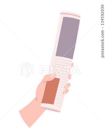 Cartoon newspaper in hand. Morning press and news journals folded and opened, business man hand with paper journal, daily news concept. Vector illustration Cartoon newspaper in hand. Morning press and news journals folded and opened, business man hand with paper journal, daily news concept. Vector illustration 134592030