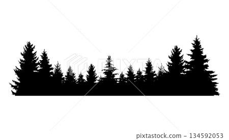 Fir trees silhouette. Coniferous spruce horizontal background pattern, black evergreen woods vector illustration. Beautiful hand drawn panorama of coniferous forest Fir trees silhouette. Coniferous spruce horizontal background pattern, black evergreen woods vector illustration. Beautiful hand drawn panorama of coniferous forest 134592053