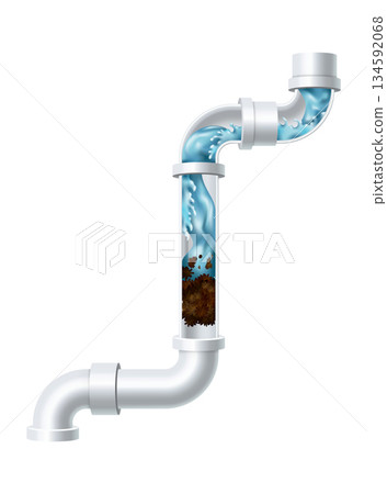 Clogged pipe drain and cleanser bottle. Canalization tube with water splash. Plumbing clog repair. Drain pipe clogged with mud 134592068