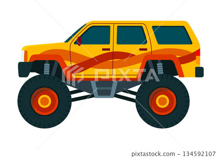 Monster truck. Bright colorful cartoon auto with big wheels. Heavy car with large tires and black tinted windows. Isolated rally 4x4 computer or mobile game 134592107