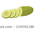 Homemade pickled cucumber. Clip-art of marinated food for packaging, label, menu, signboard or showcase. Fermented veggies, crunch gherkin with salt. Healthy vegetarian food 134592186