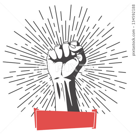 Rised fist hand gesture emblem. Vector hand clenched into fist and rising up, symbol isolated on white background. Power sign. Human hand up in the air Rised fist hand gesture emblem. Vector hand clenched into fist and rising up, symbol isolated on white background. Power sign. Human hand up in the air 134592188