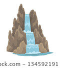 Cartoon river cascade waterfall. Landscape with mountains and trees. Design element for travel brochure or illustration mobile game. Fresh natural water 134592191