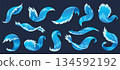 Water splashes. Fluid flow. Icon elements for advertising water delivery. Blue water. Vector illustration 134592192