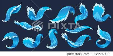 Water splashes. Fluid flow. Icon elements for advertising water delivery. Blue water. Vector illustration Water splashes. Fluid flow. Icon elements for advertising water delivery. Blue water. Vector illustration 134592192
