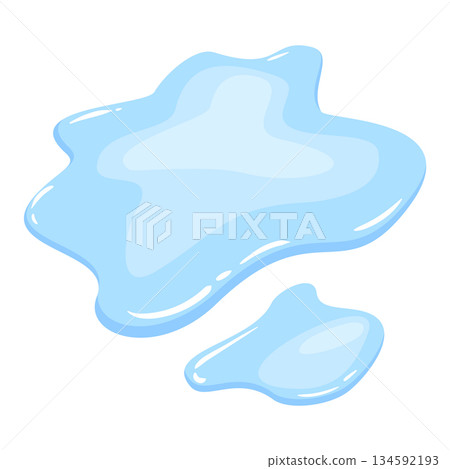 Water spill puddle. Blue liquid shape in flat cartoon style. Clean fluid drop design element isolated on white background Water spill puddle. Blue liquid shape in flat cartoon style. Clean fluid drop design element isolated on white background 134592193