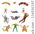 Cartoon skydivers characters. Guys and girls jumping from an airplane, free fall, flying in sky, people falling in different poses, extreme sport, tidy vector set 134592197