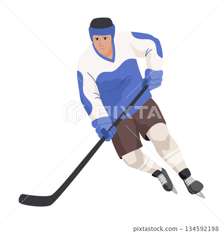 Ice hockey player. Athletes in uniform, dynamic pose, team sports on ice, winter game, forward, cartoon flat style isolated vector 134592198