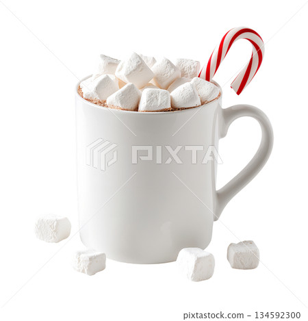 Warm Hot Chocolate With Marshmallows and a Candy Cane for a Cozy Winter Treat 134592300