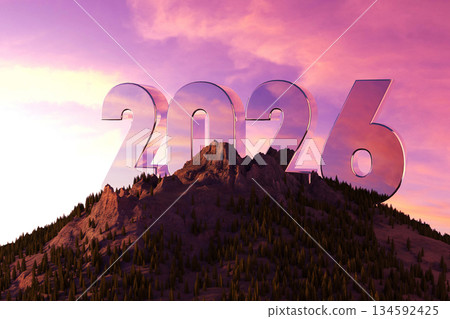 2026 mirror chrome numbers atop a majestic, forested mountain peak at sunset with a vibrant pink and purple sky. Futuristic New Year, future goals concept. Creative idea, 2026 134592425