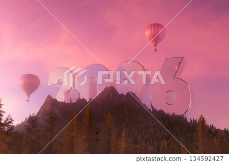 2026 years mirror chrome on a mountain peak with hot air balloons against a dramatic, dreamy pink and purple sunset sky. Future aspirations concept. Dream, creative idea. Futuristic New Year, future 2026 years mirror chrome on a mountain peak with hot air balloons against a dramatic, dreamy pink and purple sunset sky. Future aspirations concept. Dream, creative idea. Futuristic New Year, future 134592427