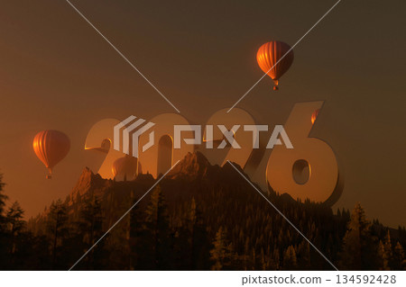 Mirror 2026 numbers emerging from a dark, forested mountain peak at sunset, with hot air balloons ascending into the warm, dramatic sky. New Year 2026 concept. Travel in nature. Future and aspiration. Mirror 2026 numbers emerging from a dark, forested mountain peak at sunset, with hot air balloons ascending into the warm, dramatic sky. New Year 2026 concept. Travel in nature. Future and aspiration. 134592428