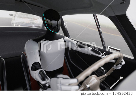 Humanoid robot driving a vintage car on a foggy road, representing futuristic technology, artificial intelligence, and autonomous vehicle innovation. Future tech, concept. robot has replaced drivers Humanoid robot driving a vintage car on a foggy road, representing futuristic technology, artificial intelligence, and autonomous vehicle innovation. Future tech, concept. robot has replaced drivers 134592433